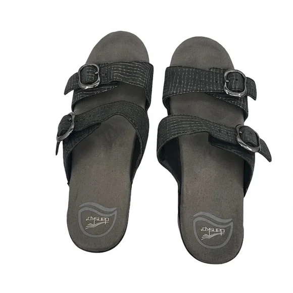 Dansko Sophie Pewter Black Leather Chunk Heel Slide Sandals Size 38 Women's - Picture 4 of 9